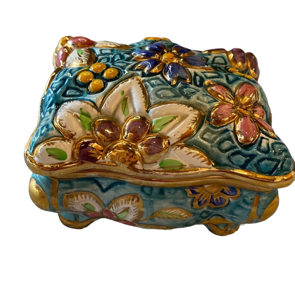 Belgium 🇧🇪 Porcelain Painted Box Numbered #166 A Gold & Blue Great Condition!
